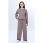 Toontoy Kız Çocuk 2'li Takım Taş Işlemeli Bisiklet Yaka Sweatshirt & Beli Lastikli Bol Paça Cepli Eşofman Altı - 14 Yaş - Acı Kahve