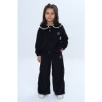 Toontoy Kız Çocuk 2'li Takım Yakası Güpürlü Nakışlı Sweatshirt & Beli Lastikli Bol Paça Eşofman Altı - Düğüme Detaylı & Kadife - 4 Yaş - Siyah