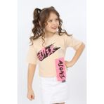 Toontoy Kız Çocuk Baskılı Bisiklet Yaka Kısa Kollu Asimetrik Tişört - Bej - 10 - 11 Yaş