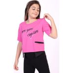 Toontoy Kız Çocuk Baskılı Bisiklet Yaka Kısa Kollu Asimetrik Tişört - Fuşya - 12 - 13 Yaş