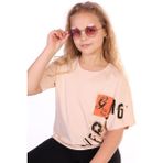Toontoy Kız Çocuk Baskılı Bisiklet Yaka Kısa Kollu Tişört - Bej - 10 - 11 Yaş