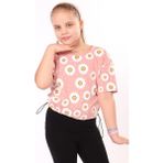 Toontoy Kız Çocuk Baskılı Bisiklet Yaka Kısa Kollu Tişört - Beli Ayarlanabilir - Mercan - 6 - 7 Yaş