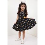 Toontoy Kız Çocuk Baskılı Relax Fit Bisiklet Yaka Kısa Kollu Elbise - Açık Omuz Detaylı & - 6 - Siyah