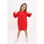 Toontoy Kız Çocuk Baskılı Relax Fit Bisiklet Yaka Uzun Kollu Elbise - - 4 Yaş - Kırmızı