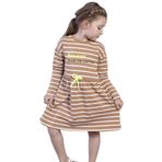 Toontoy Kız Çocuk Bel Fırfır Detaylı Çizgili Yazı Baskılı Elbise Kahverengi 4 YAŞ
