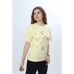 Toontoy Kız Çocuk Bisiklet Yaka Düşük Omuz Kısa Kollu Kalp Nakışlı Baskılı Tişört 24969 - Açık Sarı - 10 - 11 Yaş