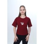 Toontoy Kız Çocuk Bisiklet Yaka Kısa Kollu Baskılı Tişört 24972 - Bordo - 6 - 8 Yaş