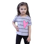 Toontoy Kız Çocuk Çizgli Kalp Baskılı Taş İşlemeli Tişört Gri Melanj 4 YAŞ