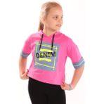 Toontoy Kız Çocuk Denım Baskılı Kapüşonlu Tişört Fuşya 8-9 YAŞ