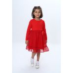Toontoy Kız Çocuk Fırfırlı Tüllü Elbise - 6 Yaş - Kırmızı