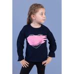 Toontoy Kız Çocuk Kol Ucu Lastikli Taş İşlemeli Baskılı Tişört Lacivert 5 YAŞ