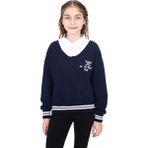 Toontoy Kız Çocuk Relax Fit Polo Yaka Düşük Omuz Baskılı Okul Sweatshirt - Garnili & 2 Iplik - Lacivert - 6 - 8 Yaş