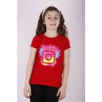 Toontoy Kız Çocuk Renkli Instagram Baskılı T-Shirt - 10 Yaş - Kırmızı