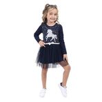 Toontoy Kız Çocuk Taş İşlemeli Tül Detaylı Unicorn Baskılı Elbise Lacivert 3 YAŞ