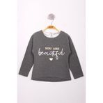 Toontoy Kız Çocuk Yazı Varaklı T-Shirt - 8 Yaş - Antrasit Melanj