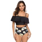 Topchances Yüksek Belli Dolgulu Mayolar Kadın Fırfırlı Halter Bikini Seti Yüzme Bayanlar 2 Parça Plaj Banyo Kostümü (Lemon Siyah, UK 6-8 = Etiket Bedeni S)