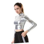 TOPPERFUN Pvc Deri Kollu Bluz Performans Kıyafetleri Suni Deri Tankı Bayan Büstiyer Uzun Kollu Üst Sahne Pvc Deri Uzun Kollu Bluz Bayan Üstleri Parlak Kostü Bayan Bluz Kadın Giysi Metal