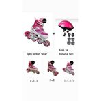 TOPROCKSTORE Işıklı Çocuk Pateni, Ayarlanabilir Silikon Tekerli, Frenli Metal Gövde, Kask ve Koruma Seti, Pembe, 30-33 Beden