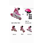 TOPROCKSTORE Işıklı Çocuk Pateni, Ayarlanabilir Silikon Tekerli, Frenli Metal Gövde, Kask ve Koruma Seti, Pembe, 34-37 Beden
