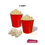 TOPTANFONİ Kırmızı Metal Popcorn Kutusu - Kendinden Kabartmalı Desenli 2 Adet Patlamış Mısır Kovası PRA-11874589-6593