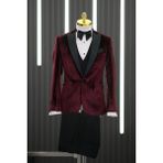 Torres Regular Fit Kırlangıç Yaka Çift Yırtmaç Kadife Smokin Takım Elbise - Bordo - 52 / 6