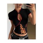Toum Mandarin Yaka Ejderha Motifli Vintage Qipao Kısa Kollu Crop