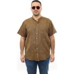 Tousus Erkek Büyük Beden Camel Renk Yaprak Desenli Keten Hakim Yaka Cepli Kısa Kol Gömlek KK-8002-TSS - 3XL