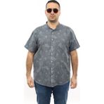 Tousus Erkek Büyük Beden Gri Renk Yaprak Desenli Keten Hakim Yaka Cepli Kısa Kol Gömlek KK-8003-TSS - 5XL