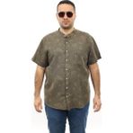 Tousus Erkek Büyük Beden Haki Renk Yaprak Desenli Keten Hakim Yaka Cepli Kısa Kol Gömlek KK-8001-TSS - 5XL