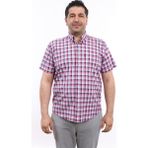 Tousus Erkek Büyük Beden Lacivert-Kiremit Ekose Likralı Pamuk Düğmeli Yaka Cepli Kısa Kol Gömlek Kk-8026-Tss - Lacivert - Kiremit - 4XL