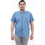 Tousus Erkek Büyük Beden Lacivert-Turkuaz Ekose Likralı Pamuk Düğmeli Yaka Cepli Kısa Kol Gömlek Kk-8027-Tss - Lacivert - Turkuaz - 4XL