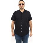 Tousus Erkek Büyük Beden Siyah Renk Yaprak Desenli Keten Hakim Yaka Cepli Kısa Kol Gömlek KK-8007-TSS - 3XL
