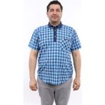 Tousus Erkek Büyük Beden Yarım Patlı Lacivert-Turkuaz Ekose Likralı Pamuk Düğmeli Yaka Cepli Kısa Kol Gömlek Kk-8044-Tss - Lacivert - Turkuaz - 6XL