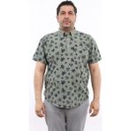 Tousus Erkek Büyük Beden Yarım Patlı Yaprak Desenli Haki Pamuk Düğmeli Yaka Cepli Kısa Kol Gömlek Kk-8035-Tss - 4XL