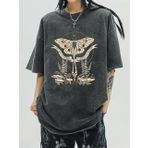 Touz Moda Butterfly and Mushrooms Yıkmalı Eskitme Antrasit Unisex T-Shirt