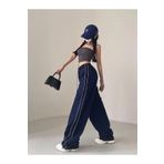 Touz Moda Harajuku Zip Detail Çift Çizgili Navy Blue Tracksuit Oversize Lacivert Kadın Eşofman Altı