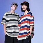 Touz Moda Kırmızı Mavi Çizgili Beyaz Unisex Oversize T-shirt