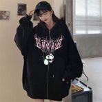 Touz Moda Kuromi Pink Baskılı Oversize Fermuarlı Siyah Kapüşonlu Hırka - 031-Siyah - L - XL