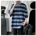 Touz Moda Mavi Siyah Çizgili Unisex Oversize T-shirt