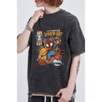 Touz Moda Spider Cat Baskılı Oversize Eskitme Yıkamalı Antrasit Unisex T-Shirt