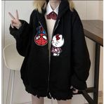 Touz Moda Spider-Man & Hello Kitty Baskılı Oversize Fermuarlı Siyah Kapüşonlu Unisex Hırka