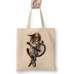 Toyaso Bisikletli Kedi Cat Beyaz Bez Çanta Uzun Saplı Alışveriş Çantası Plaj Çantası - 34*40 cm - 001-Beyaz