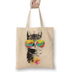 Toyaso Cat Kedi Cat Kedi Esintisi Güneş Gözlüklü Beyaz Bez Çanta Uzun Saplı Alışveriş Çantası Plaj Çantası - 34*40 cm - 001-Beyaz