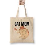 Toyaso Cat Mom Gifts Kedi Annesi Beyaz Bez Çanta Uzun Saplı Alışveriş Çantası Plaj Çantası - 34*40 cm - 001-Beyaz