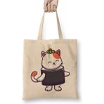 Toyaso Cute Cat Sushi Salmon Japon Kedi Beyaz Bez Çanta Uzun Saplı Alışveriş Çantası Plaj Çantası - 34*40 cm - 001-Beyaz