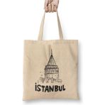 Toyaso Istanbul Galata Kulesi Temalı Beyaz Bez Çanta Uzun Saplı Alışveriş Çantası Plaj Çantası - 34*40 cm - 001-Beyaz