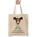 Toyaso Jack Russel Dogs Köpek Life Is Better Beyaz Bez Çanta Uzun Saplı Alışveriş Çantası Plaj Çantası - 001 - Beyaz