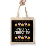 Toyaso Kediler Cats Meovy Yeni Yıl Christmas Knit Yılbaşı Beyaz Bez Çanta Uzun Saplı Alışveriş Çantası - 001 - Beyaz