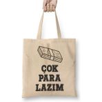 Toyaso Komik Söz Çok Para Lazım Beyaz Bez Çanta Uzun Saplı Alışveriş Çantası Plaj Çantası - 34x40 - 001 - Beyaz