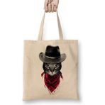 Toyaso Kovboy Cat Kedi Beyaz Bez Çanta Uzun Saplı Alışveriş Çantası Plaj Çantası - 34*40 cm - 001-Beyaz